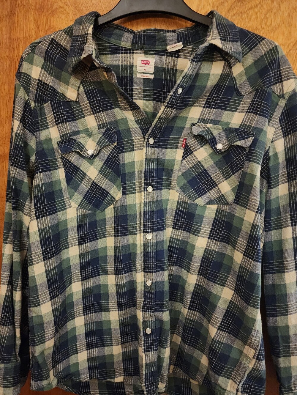LEVI'S Men's Retro Cowboy Shirt. Navy, Green & Cream Plaid , Pearl Snaps